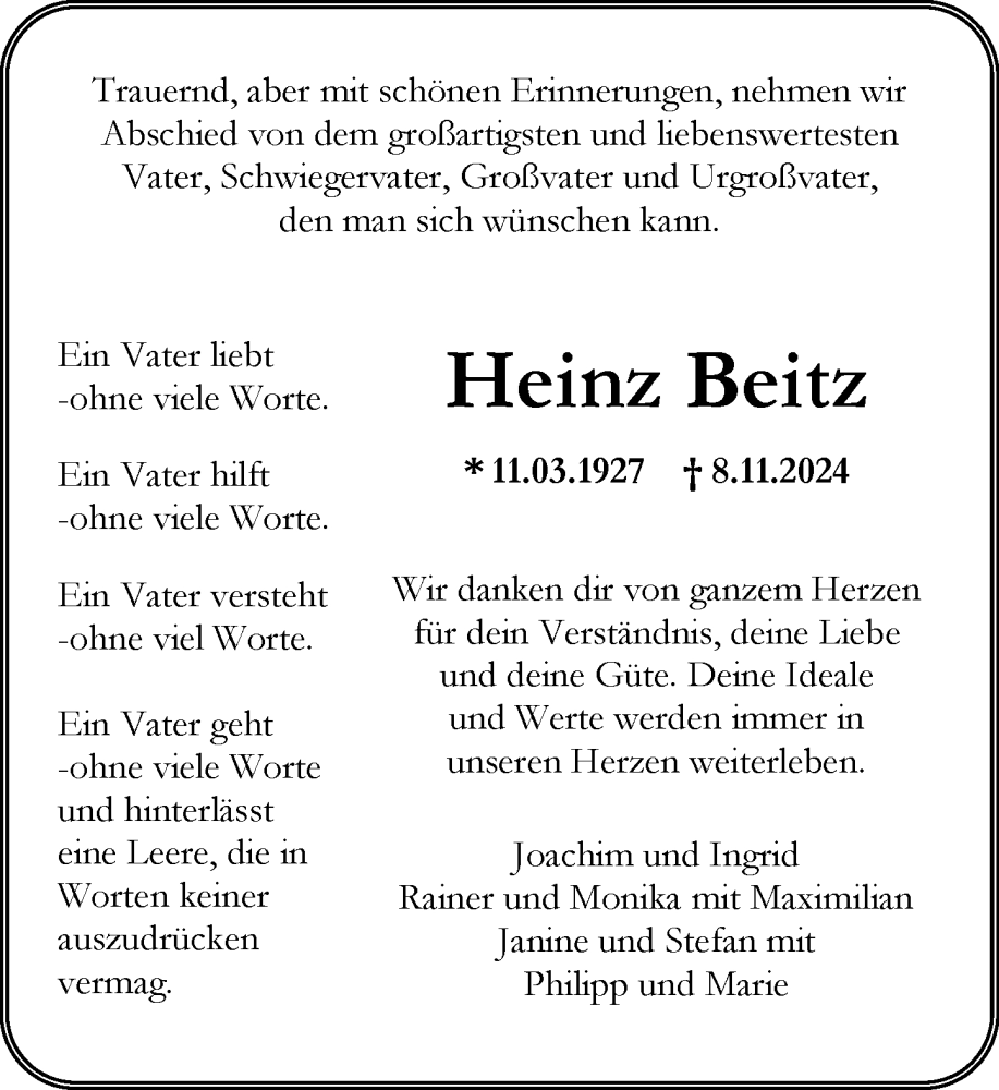  Traueranzeige für Heinz Beitz vom 23.11.2024 aus Allgemeine Zeitung Mainz