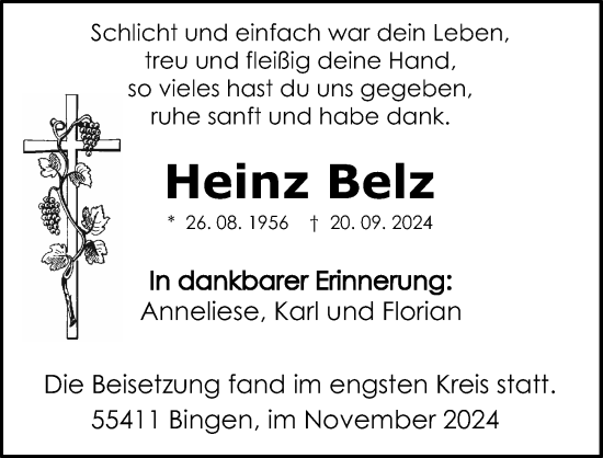 Traueranzeige von Heinz Belz von Allgemeine Zeitung Rheinhessen-Nahe