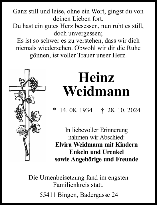 Traueranzeige von Heinz Weidmann von Allgemeine Zeitung Rheinhessen-Nahe