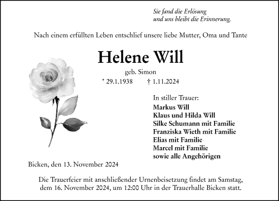 Traueranzeige von Helene Will von Dill Block