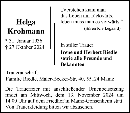 Traueranzeige von Helga Krohmann von Allgemeine Zeitung Mainz