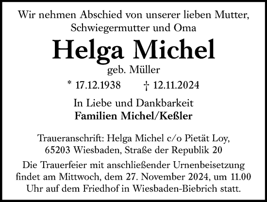 Traueranzeige von Helga Michel von Wiesbadener Kurier