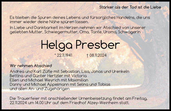 Traueranzeige von Helga Presber von Allgemeine Zeitung Alzey