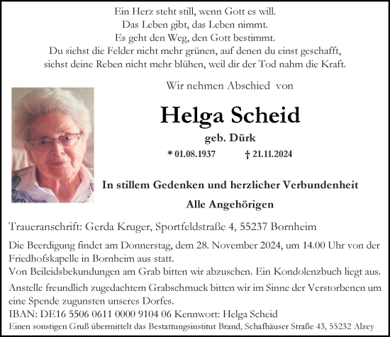 Traueranzeige von Helga Scheid von Allgemeine Zeitung Alzey