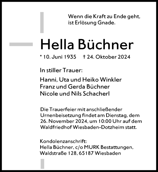 Traueranzeige von Hella Büchner von Wiesbadener Kurier