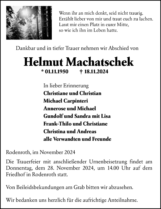 Traueranzeige von Helmut Machatschek von Dill Block