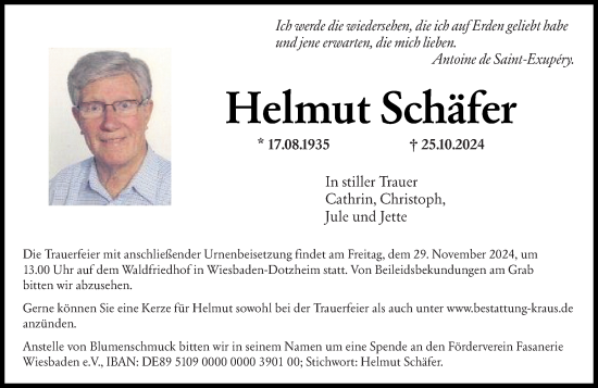 Traueranzeige von Helmut Schäfer von Wiesbadener Kurier