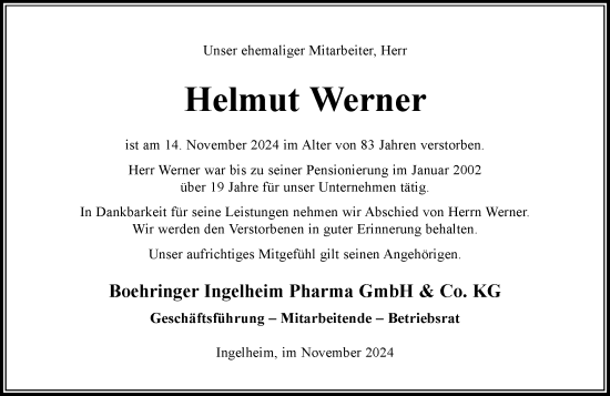 Traueranzeige von Helmut Werner von Allgemeine Zeitung Rheinhessen-Nahe