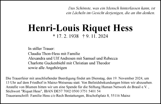 Traueranzeige von Henri-Louis Riquet Hess von Allgemeine Zeitung Alzey