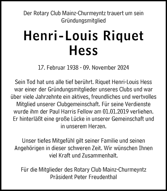 Traueranzeige von Henri-Louis Riquet Hess von Allgemeine Zeitung Mainz