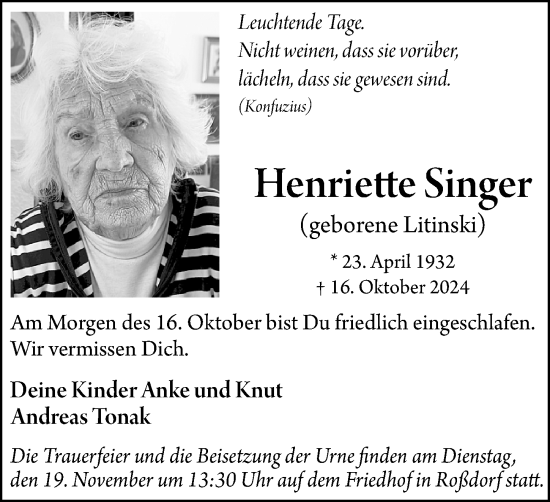 Traueranzeige von Henriette Singer von Darmstädter Echo