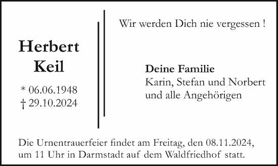 Traueranzeige von Herbert Keil von Darmstädter Echo