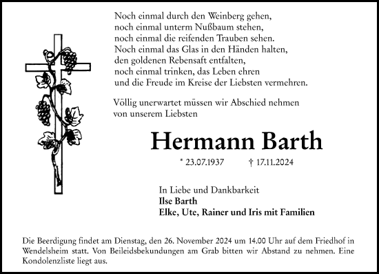 Traueranzeige von Hermann Barth von Allgemeine Zeitung Alzey