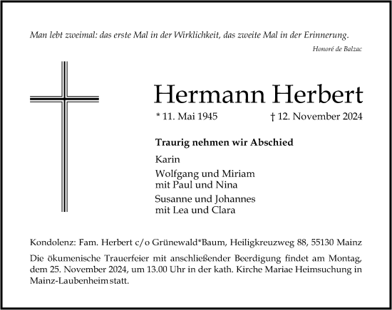 Traueranzeige von Hermann Herbert von Allgemeine Zeitung Mainz