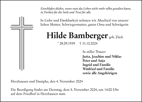 Traueranzeige von Hilde Bamberger von Hinterländer Anzeiger