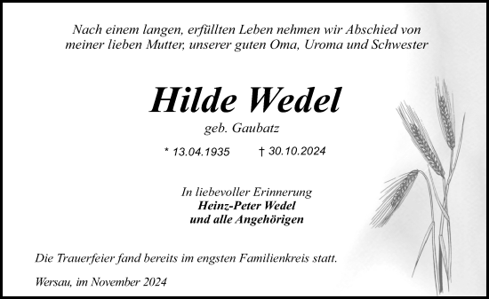 Traueranzeige von Hilde Wedel von Odenwälder Echo