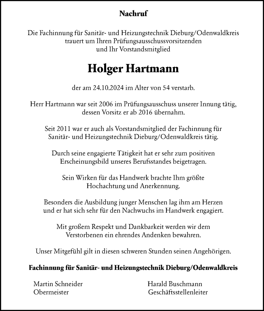  Traueranzeige für Holger Hartmann vom 02.11.2024 aus Odenwälder Echo