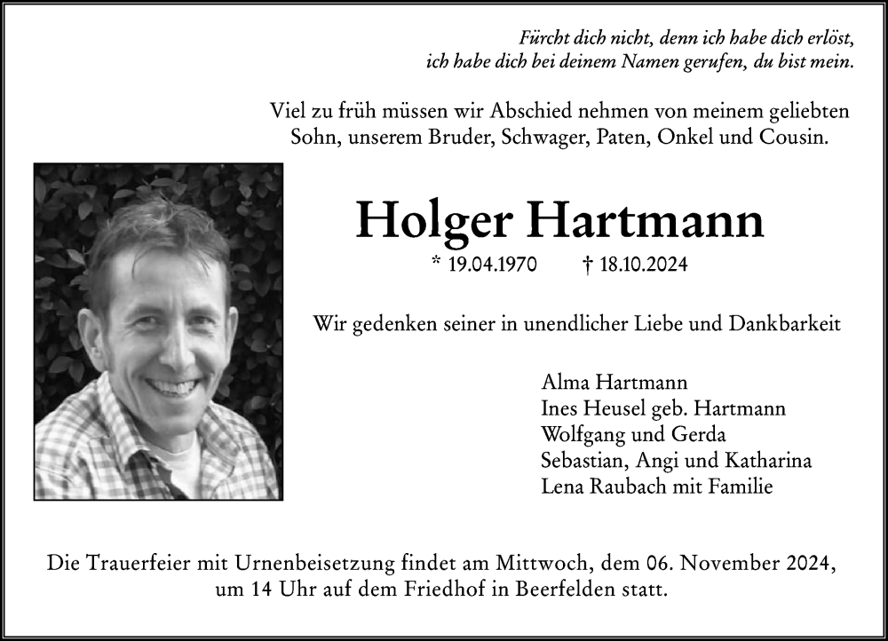  Traueranzeige für Holger Hartmann vom 02.11.2024 aus Odenwälder Echo