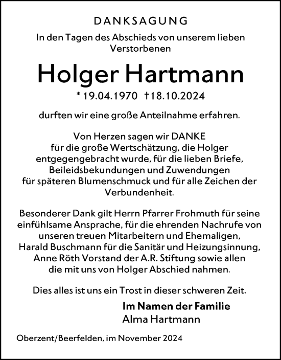 Traueranzeige von Holger Hartmann von Odenwälder Echo