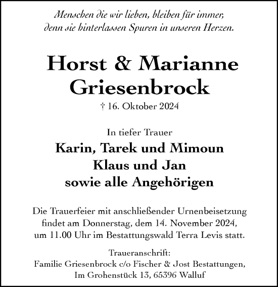 Traueranzeige von Horst Griesenbrock von Wiesbadener Kurier