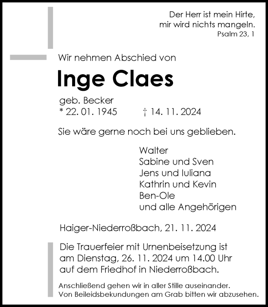 Traueranzeige von Inge Claes von Dill Block