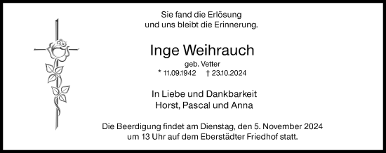 Traueranzeige von Inge Weihrauch von Darmstädter Echo