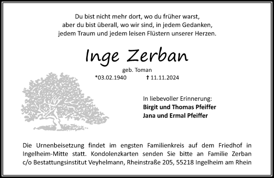 Traueranzeige von Inge Zerban von Allgemeine Zeitung Rheinhessen-Nahe