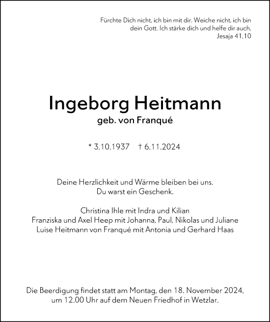 Traueranzeige von Ingeborg Heitmann von Wetzlarer Neue Zeitung