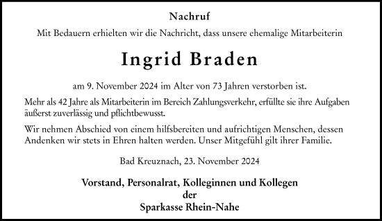 Traueranzeige von Ingrid Braden von Allgemeine Zeitung Rheinhessen-Nahe