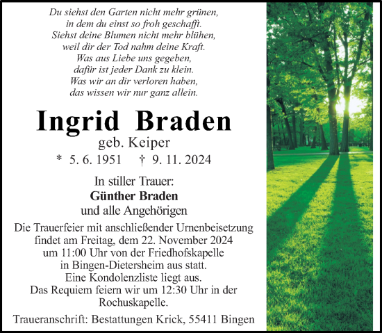 Traueranzeige von Ingrid Braden von Allgemeine Zeitung Rheinhessen-Nahe