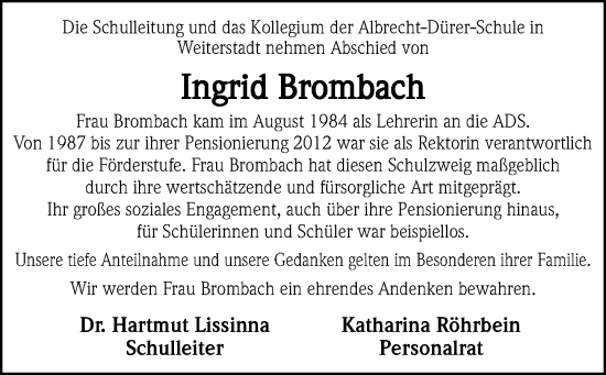 Traueranzeige von Ingrid Brombach von Darmstädter Echo