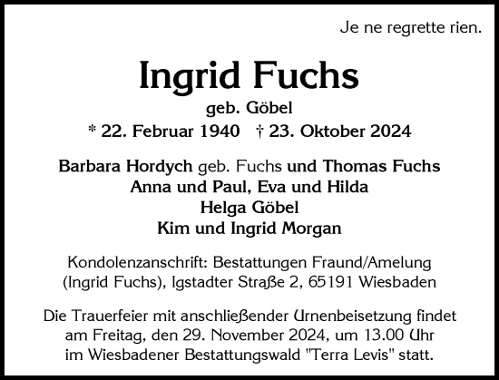 Traueranzeige von Ingrid Fuchs von Wiesbadener Kurier