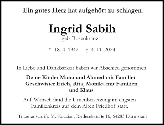 Traueranzeige von Ingrid Sabih von Darmstädter Echo