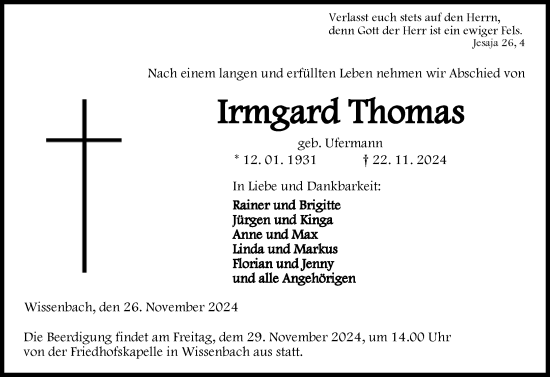 Traueranzeige von Irmgard Thomas von Dill Block