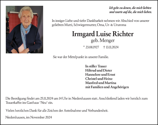 Traueranzeige von Irmgard Luise Richter von Weilburger Tageblatt