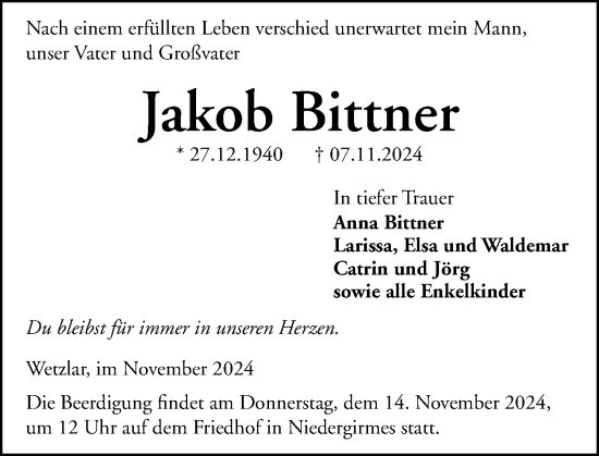 Traueranzeige von Jakob Bittner von Wetzlarer Neue Zeitung