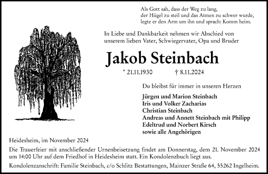 Traueranzeige von Jakob Steinbach von Allgemeine Zeitung Rheinhessen-Nahe