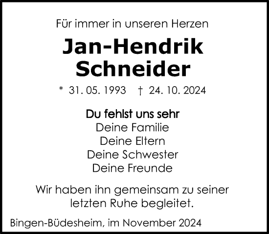 Traueranzeige von Jan-Hendrik Schneider von Binger-/Ingelheimer Wochenblatt