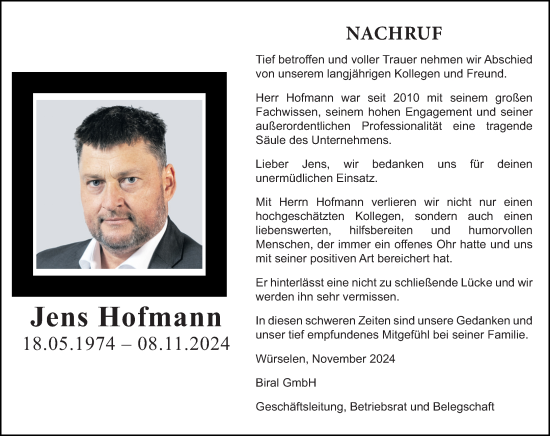 Traueranzeige von Jens Hofmann von Dill Block