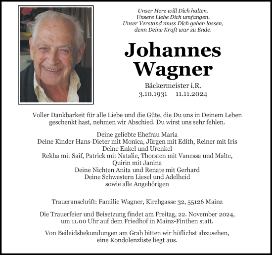 Traueranzeige von Johannes Wagner von Allgemeine Zeitung Mainz