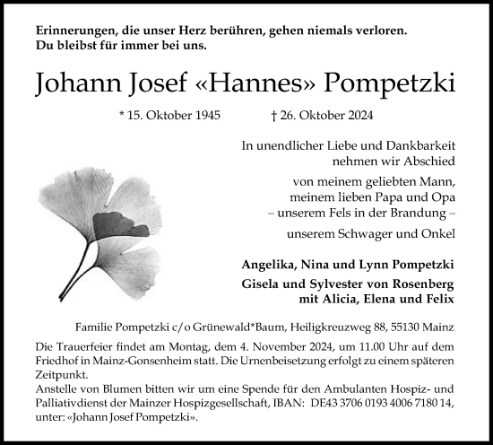 Traueranzeige von Johann Josef Pompetzki von Allgemeine Zeitung Mainz