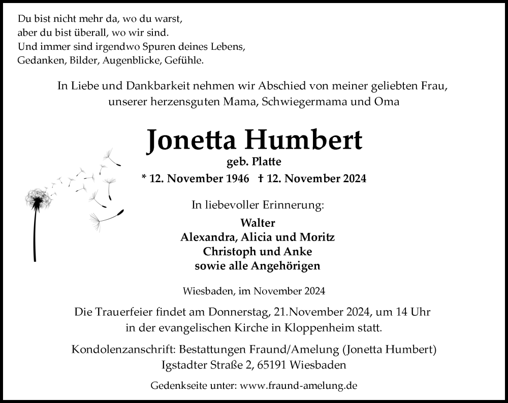  Traueranzeige für Jonetta Humbert vom 16.11.2024 aus Wiesbadener Kurier