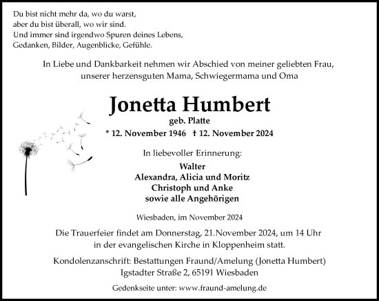 Traueranzeige von Jonetta Humbert von Wiesbadener Kurier