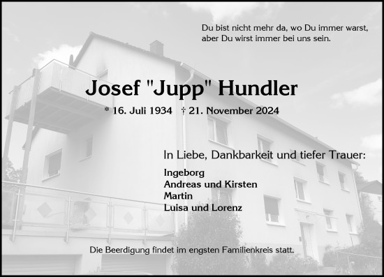 Traueranzeige von Josef Hundler von Wiesbadener Kurier