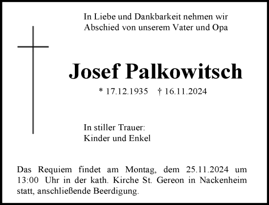 Traueranzeige von Josef Palkowitsch von Allgemeine Zeitung Mainz