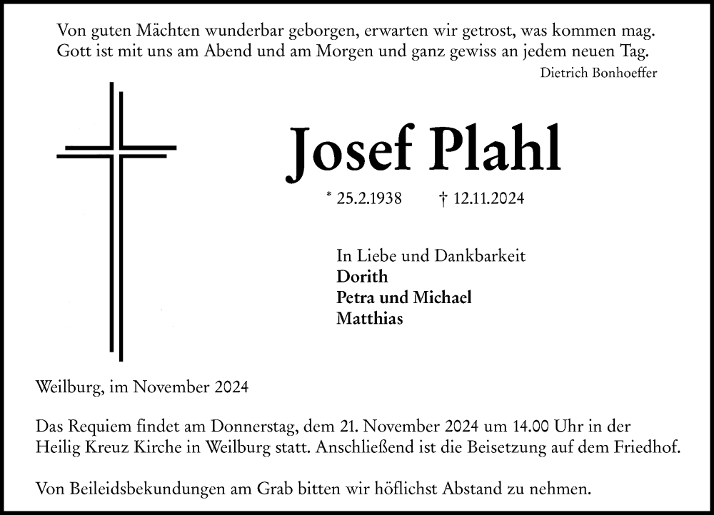  Traueranzeige für Josef Plahl vom 16.11.2024 aus Weilburger Tageblatt