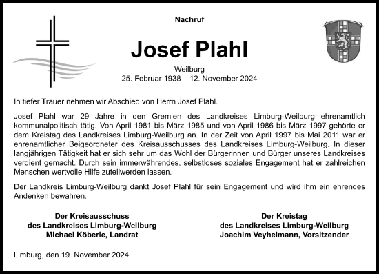 Traueranzeige von Josef Plahl von Weilburger Tageblatt