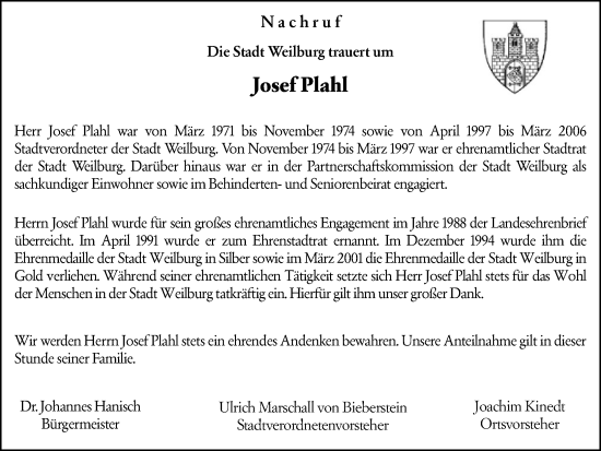 Traueranzeige von Josef Plahl von Weilburger Tageblatt