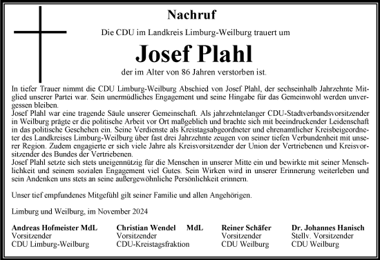 Traueranzeige von Josef Plahl von Weilburger Tageblatt