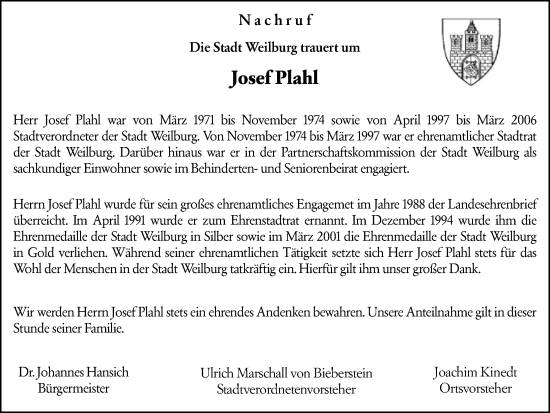 Traueranzeige von Josef Plahl von Weilburger Tageblatt